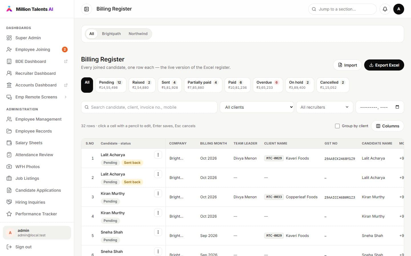 Billing register in Accounts & Finance