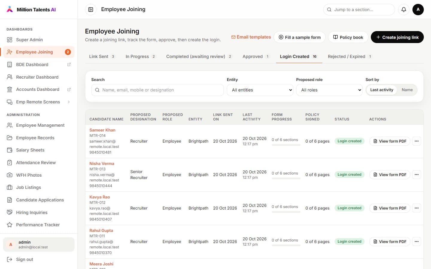 Employee joining list by status